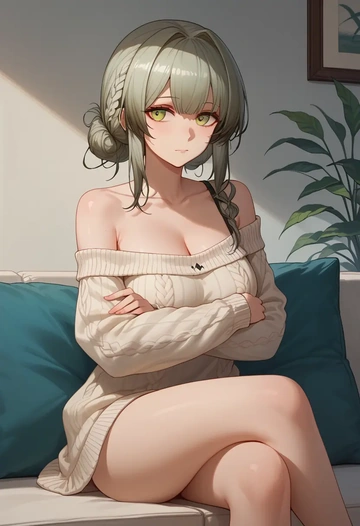 arknights,rosmontis_(arknights),arms crossed,off-shoulder,sweater,cross-legged  - AI generated anime art