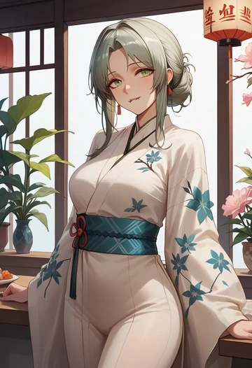 arknights,rosmontis_(arknights),kimono,silk,wide-leg trousers  - AI generated anime art