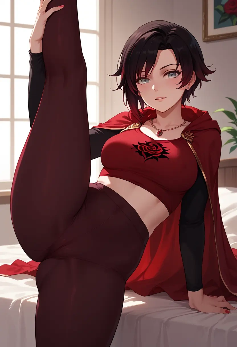 rwby,ruby_rose,yoga, leggings,spread legs,one leg up,sexy  - 