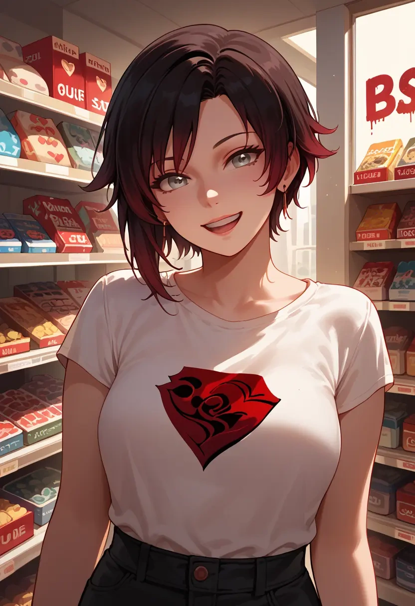 rwby,ruby_rose,crop graffiti tee,dolphin shorts  - 