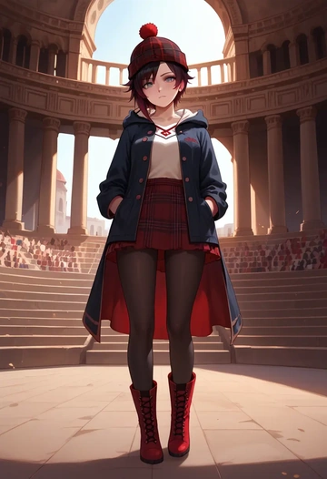 rwby,ruby_rose,winter,student uniform,hooded coat  - AI generated anime art