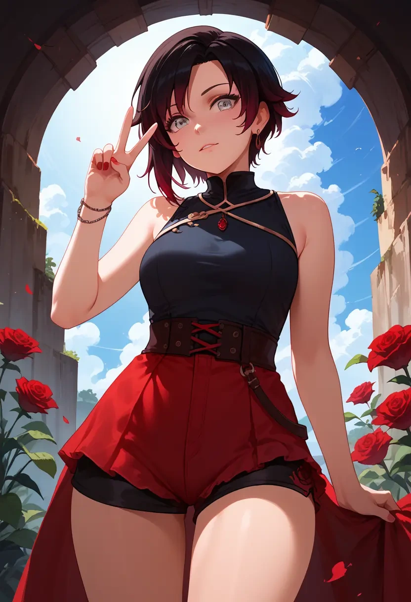 rwby,ruby_rose,sleeveless swim top,shorts-style bottom,contrast stitching  - 