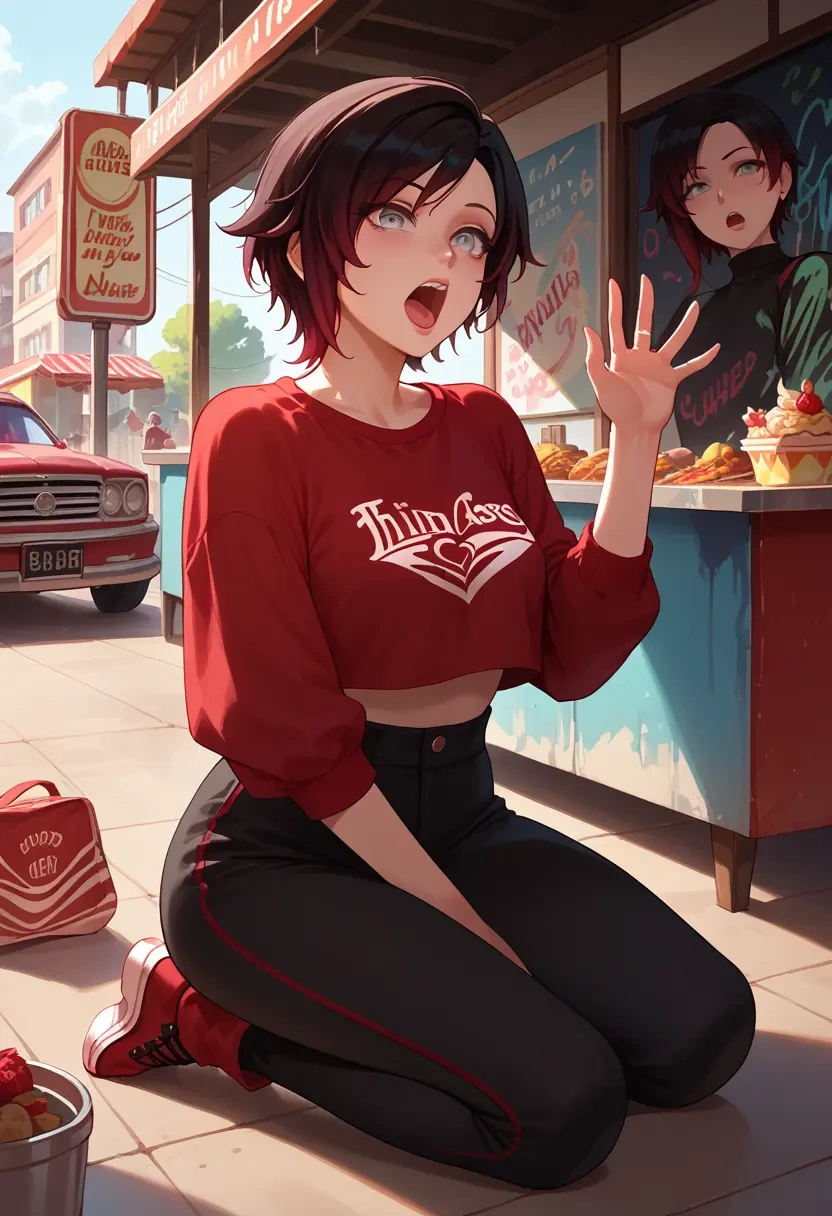 rwby,ruby_rose,cropped graffiti sweatshirt,dolphin shorts  - 