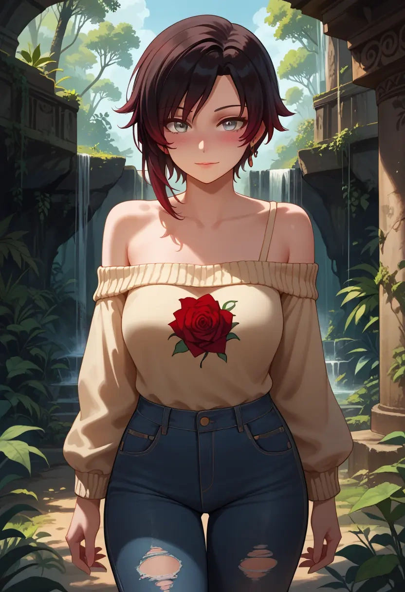 rwby,ruby_rose,sweater,off-shoulder,ripped jeans  - 