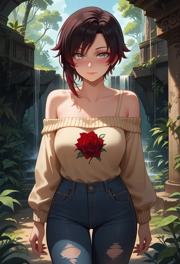 rwby,ruby_rose,sweater,off-shoulder,ripped jeans  - AI generated anime art