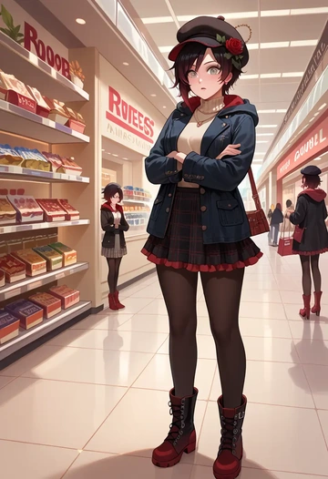 rwby,ruby_rose,winter,student uniform,hooded coat  - AI generated anime art