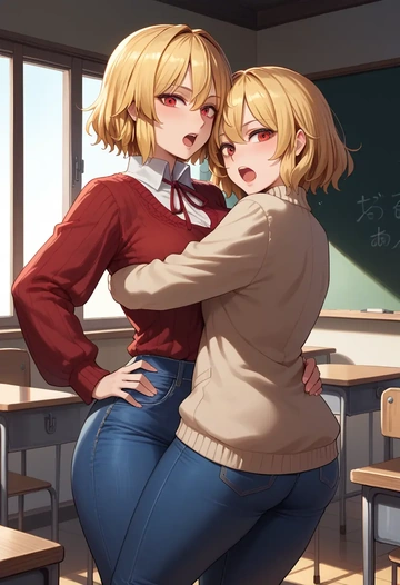 touhou,rumia,teacher, sweater, jeans shorts  - AI generated anime art