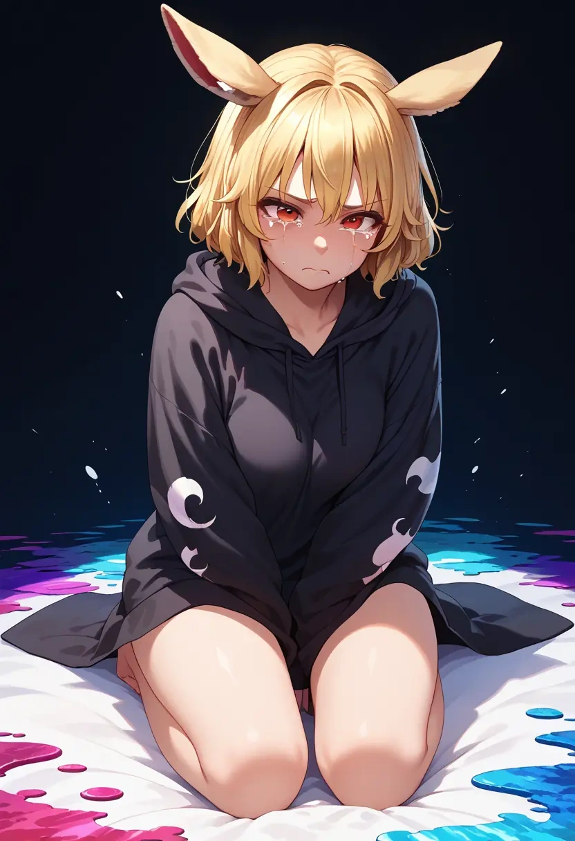 touhou,rumia,oversized graphic hoodie,thigh-high socks,shorts  - 