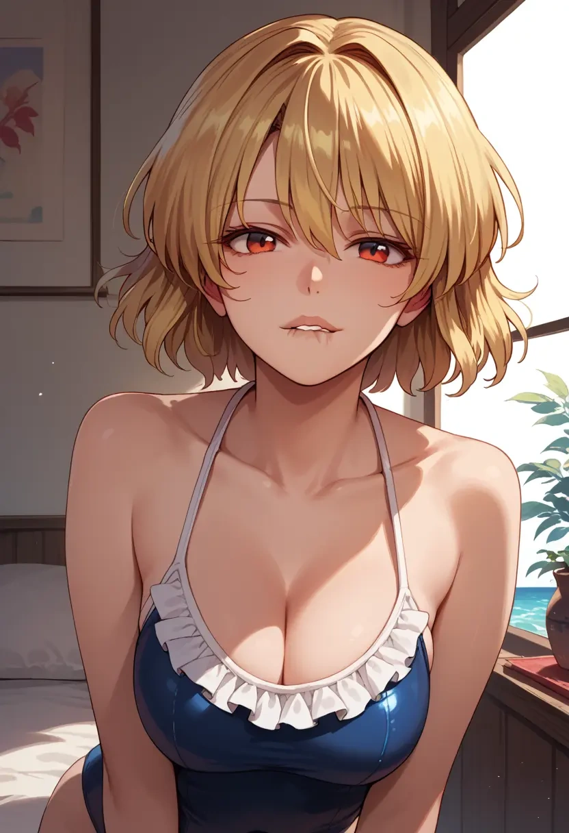 touhou,rumia,retro style swimsuit,frilled neckline,bow detail  - 