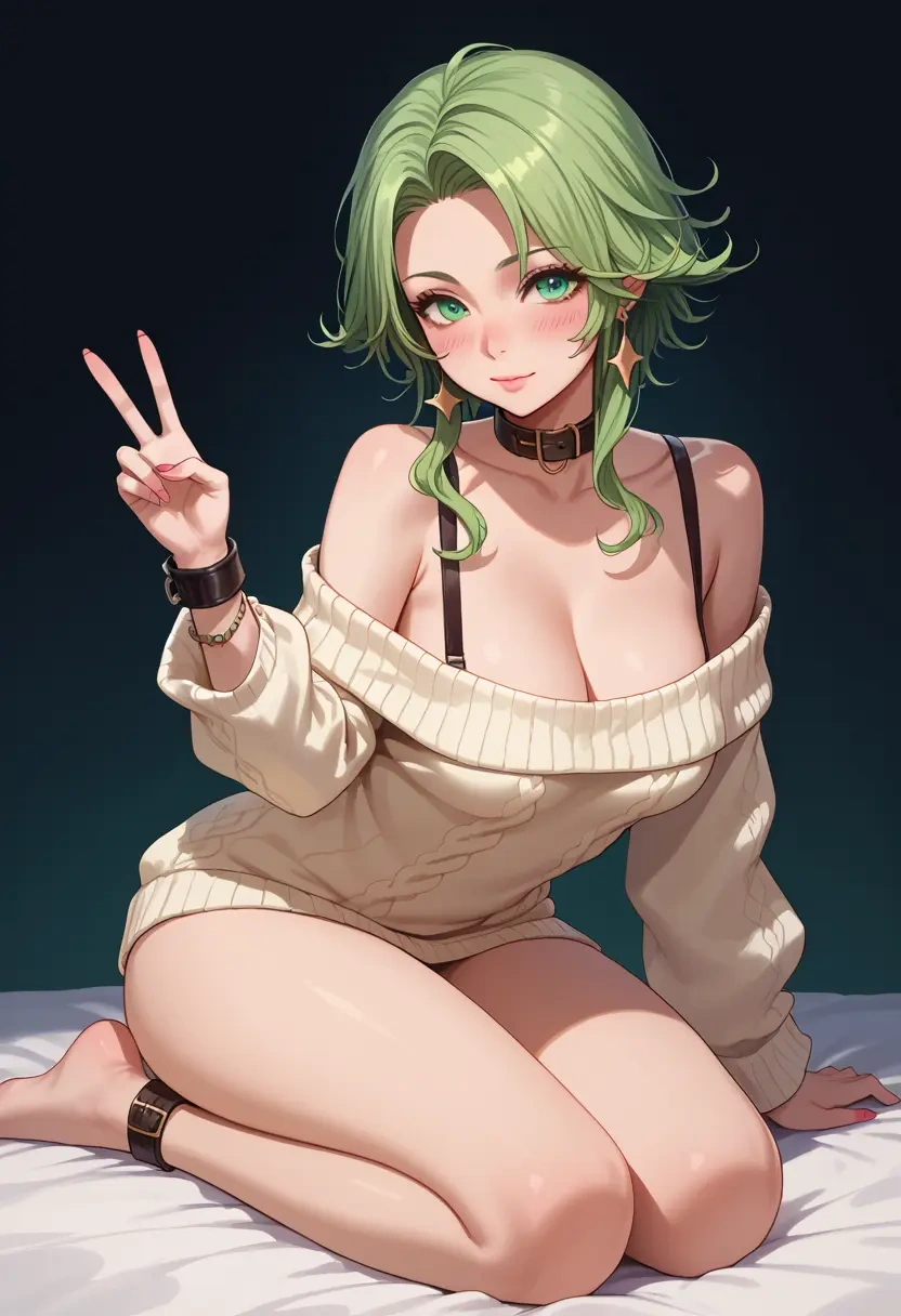 final_fantasy,rydia_(ff4),blushing,collar,peace sign,off-shoulder,sweater  - 