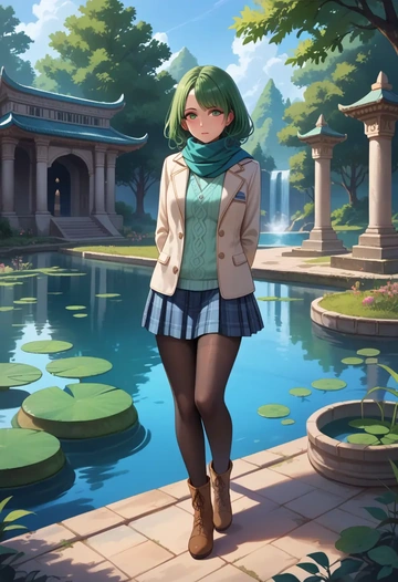 final_fantasy,rydia_(ff4),winter,student uniform,down jacket  - AI generated anime art