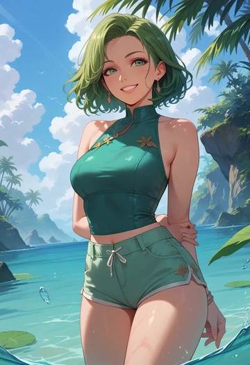 final_fantasy,rydia_(ff4),sleeveless swim top,shorts-style bottom,contrast stitching  - AI generated anime art