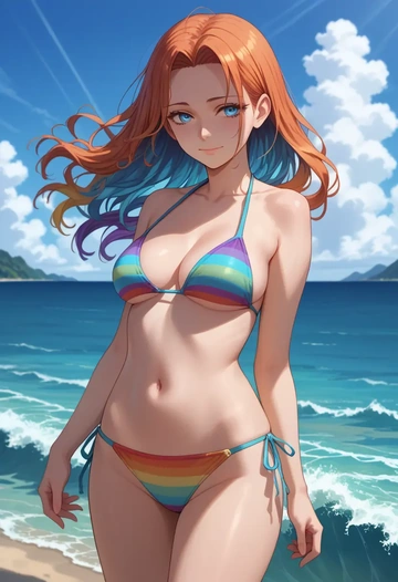 kara_no_kyoukai,ryougi_shiki,bikini,rainbow-colored,sexy  - AI generated anime art