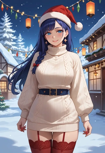 kara_no_kyoukai,ryougi_shiki,Christmas,sweater dress,stockings  - AI generated anime art