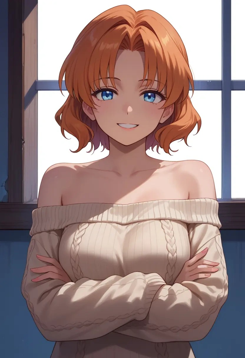 higurashi_no_naku_koro_ni,ryuuguu_rena,sweater,off-shoulder,collar  - 