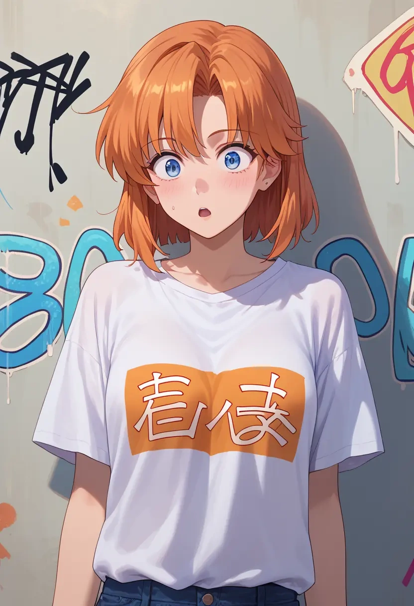 higurashi_no_naku_koro_ni,ryuuguu_rena,oversized graffiti shirt,dolphin shorts  - 