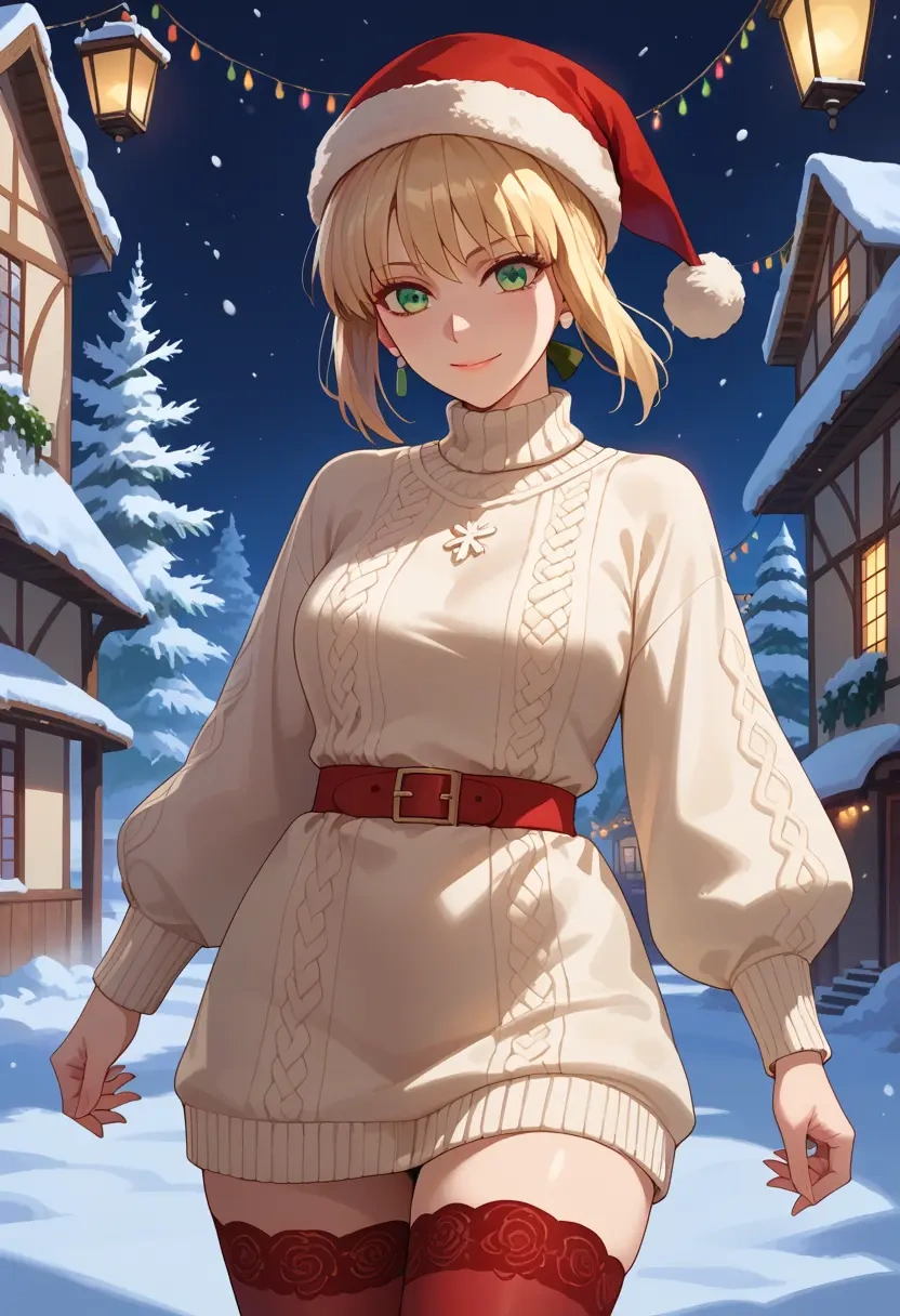 fate_(series),saber,Christmas,sweater dress,stockings  - 