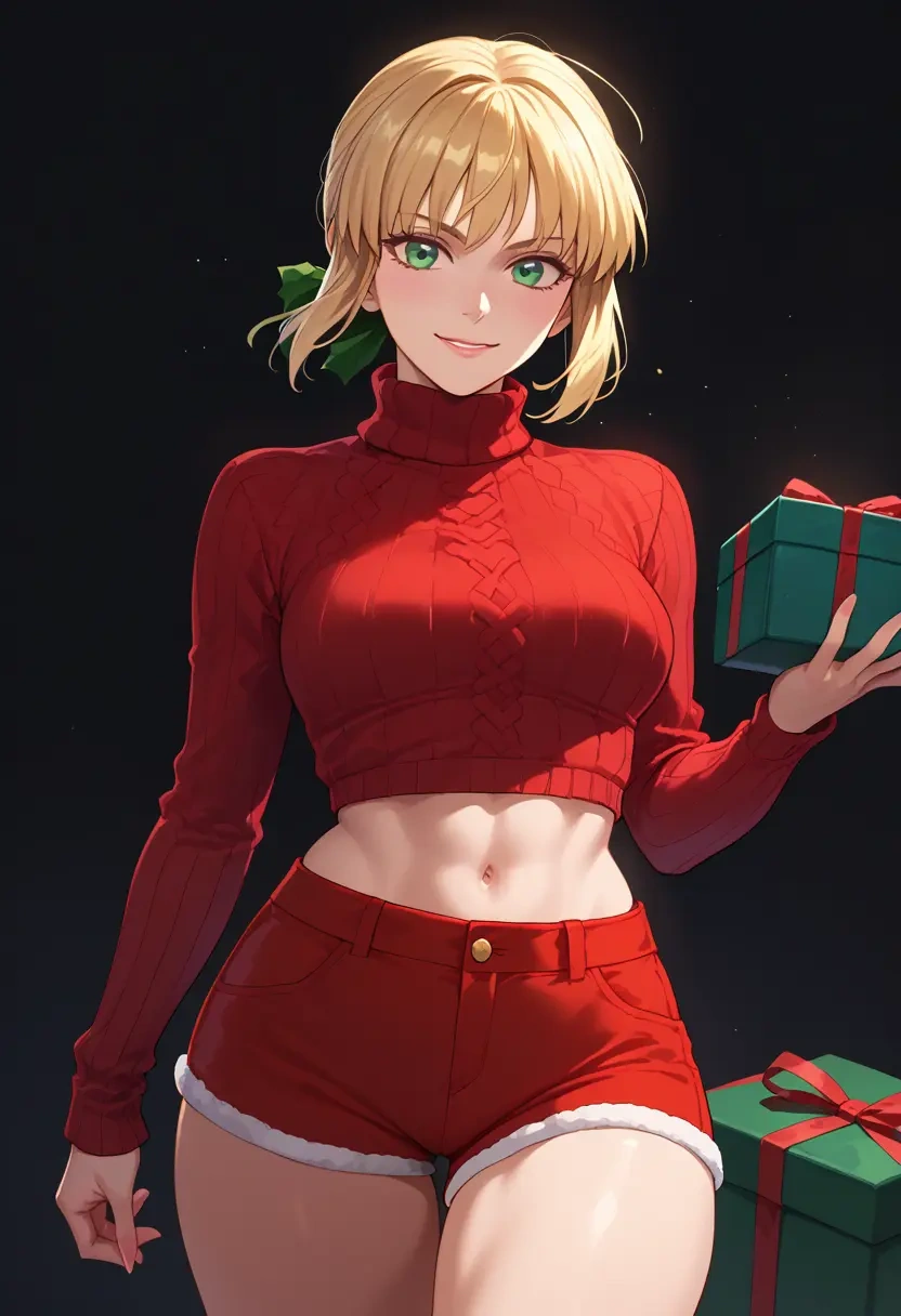 fate_(series),saber,Christmas,red velvet shorts,turtleneck sweater  - 