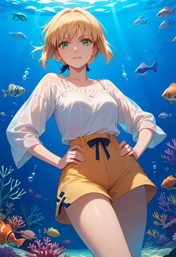 fate_(series),saber,graphic tee,shorts,sneakers  - AI generated anime art