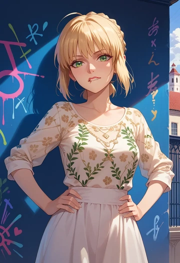 fate_(series),saber,silk graffiti shirt,dolphin shorts  - AI generated anime art