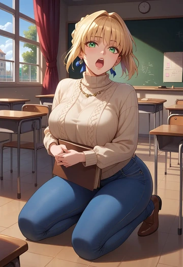 fate_(series),saber,teacher, sweater, jeans shorts  - AI generated anime art