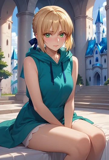 fate_(series),saber,sleeveless hoodie,biker shorts  - AI generated anime art