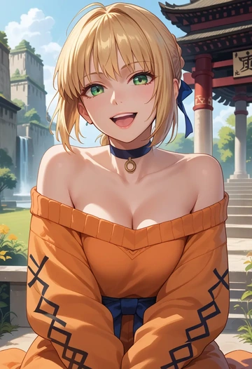 fate_(series),saber,orange,sweater,choker  - AI generated anime art