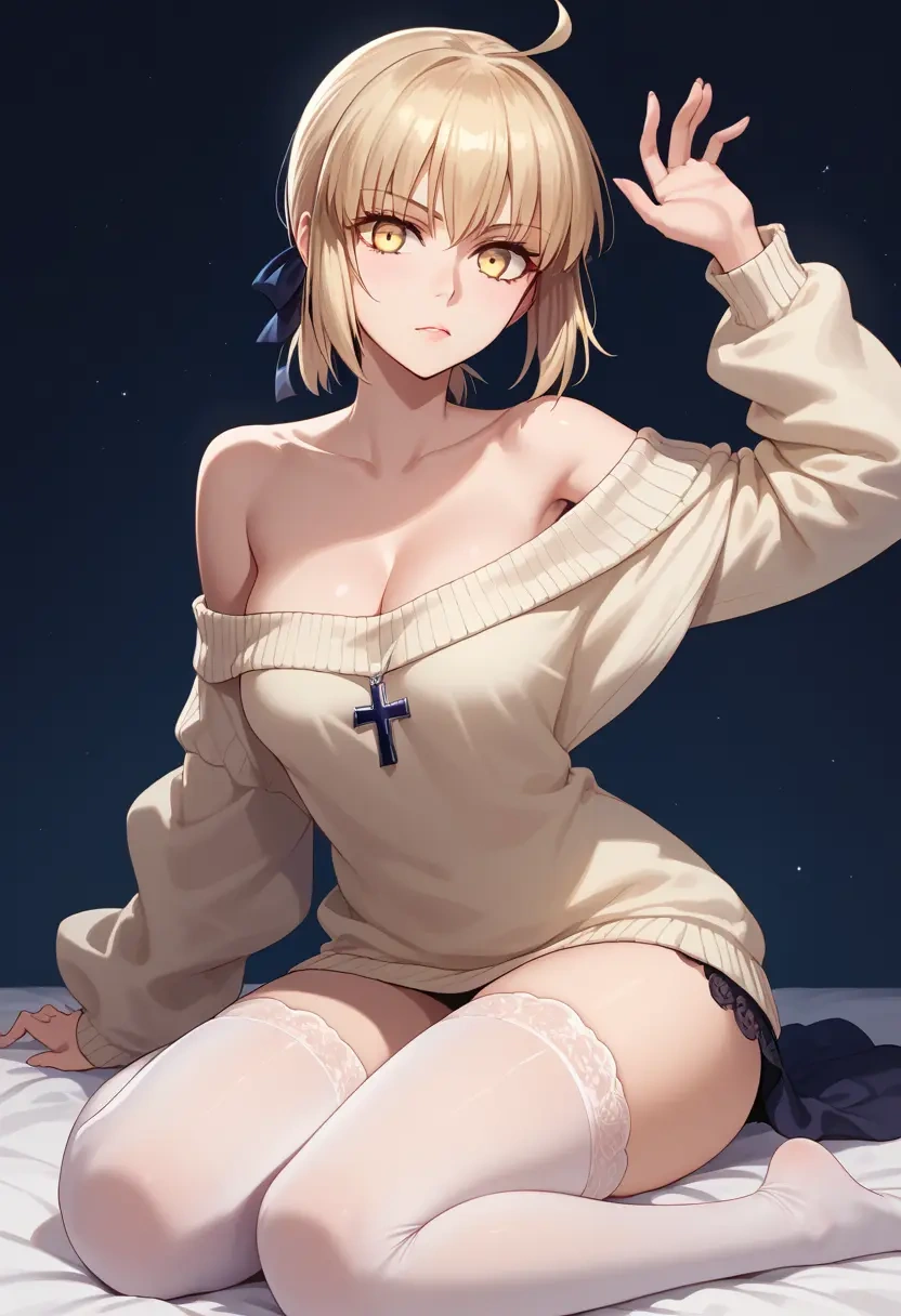 fate_(series),saber_alter,cross-legged,off-shoulder,sweater,stockings  - 