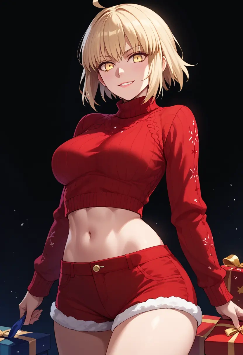 fate_(series),saber_alter,Christmas,red velvet shorts,turtleneck sweater  - 