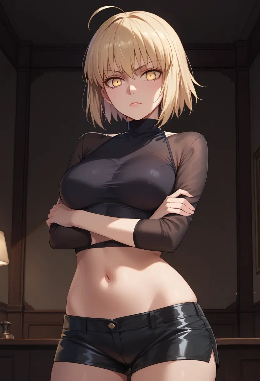 fate_(series),saber_alter,leather,shorts,crop top  - 