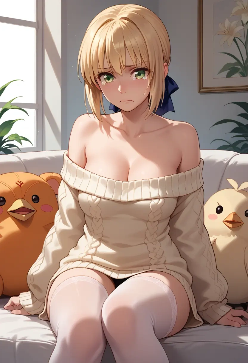 fate_(series),saber_lily,Pouting ,Teary-eyed,off-shoulder,sweater  - 