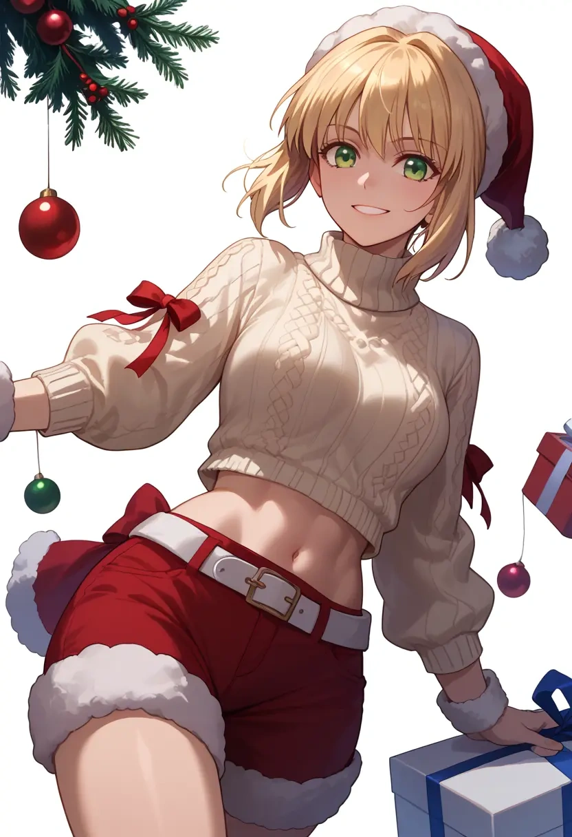 fate_(series),saber_lily,Christmas,red velvet shorts,turtleneck sweater  - 