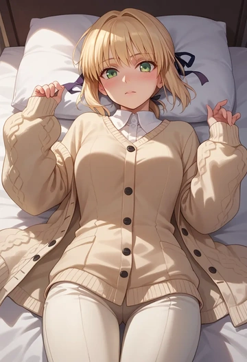 fate_(series),saber_lily,cardigan,oversized,wide-leg pants  - AI generated anime art