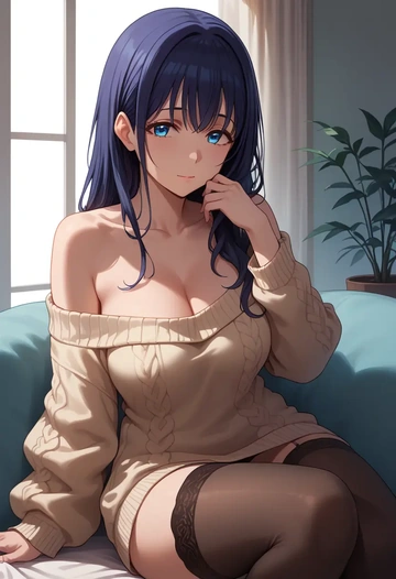 idolmaster,sagisawa_fumika,cross-legged,Head resting on hand,off-shoulder,sweater  - AI generated anime art