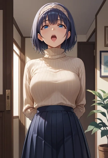 idolmaster,sagisawa_fumika,skirt,pleated,turtleneck sweater  - AI generated anime art