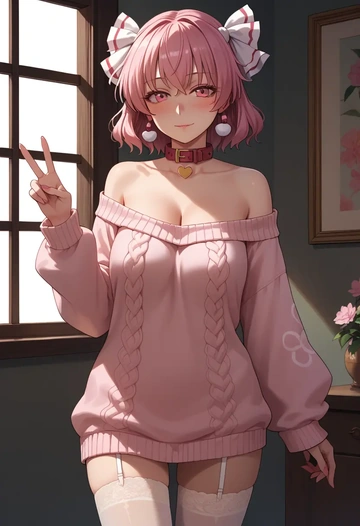 touhou,saigyouji_yuyuko,blushing,collar,off-shoulder,sweater,stockings  - AI generated anime art