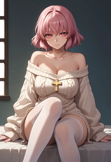 touhou,saigyouji_yuyuko,cross-legged,off-shoulder,sweater,stockings  - AI generated anime art