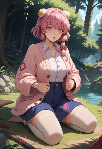 touhou,saigyouji_yuyuko,cardigan,oversized,wide-leg pants  - AI generated anime art