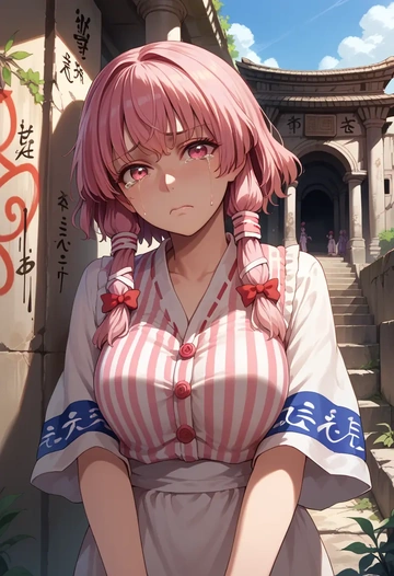 touhou,saigyouji_yuyuko,striped graffiti blouse,dolphin shorts  - AI generated anime art