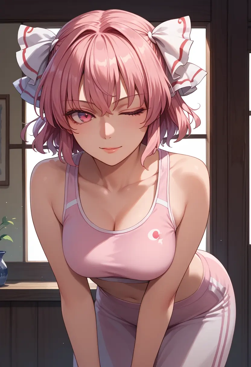 touhou,saigyouji_yuyuko,sports bra,wide-leg joggers  - 