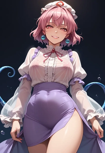 touhou,saigyouji_yuyuko,bodysuit,mesh,high-waisted skirt  - AI generated anime art