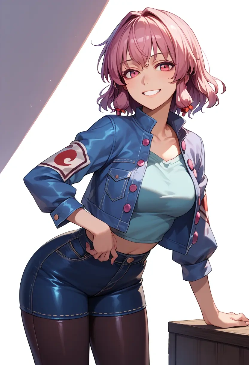 touhou,saigyouji_yuyuko,denim jacket,cropped,leather leggings  - 