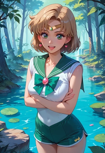 bishoujo_senshi_sailor_moon,sailor_jupiter,sleeveless swim top,shorts-style bottom,contrast stitching  - AI generated anime art