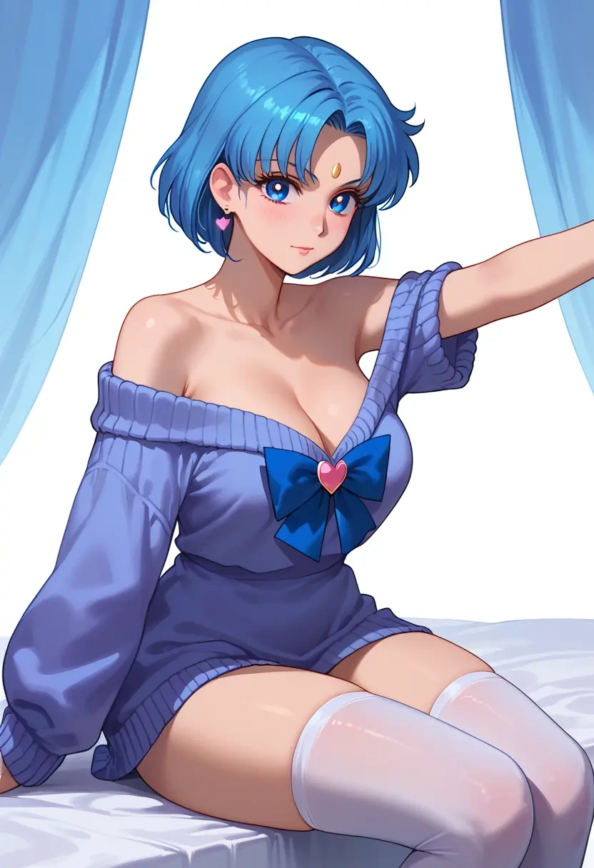 bishoujo_senshi_sailor_moon,sailor_mercury,cross-legged,off-shoulder,sweater,stockings  - 