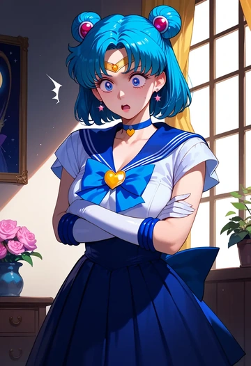 bishoujo_senshi_sailor_moon,sailor_mercury,witch blouse,asymmetrical skirt,striped stockings  - AI generated anime art