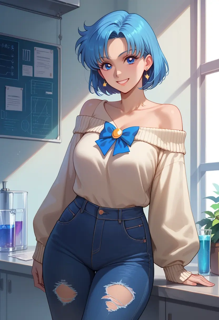 bishoujo_senshi_sailor_moon,sailor_mercury,sweater,off-shoulder,ripped jeans  - 