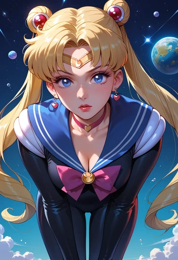 bishoujo_senshi_sailor_moon,sailor_moon,black widow bodysuit,spiderweb cape,leather gloves  - AI generated anime art