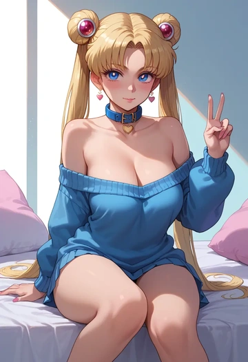 bishoujo_senshi_sailor_moon,sailor_venus,blushing,collar,peace sign,off-shoulder,sweater  - AI generated anime art