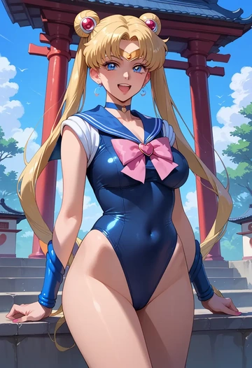 bishoujo_senshi_sailor_moon,sailor_venus,racerback swimsuit,striped trim,name tag patch  - AI generated anime art