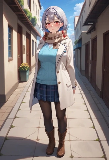 hololive,sakamata_chloe_(1st_costume),winter,student uniform,down jacket  - AI generated anime art